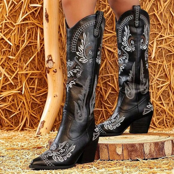 Black Western Women's Cowgirl Boots Pointed Toe Embroidered Thick Heels Knee Hig - Picture 4 of 7